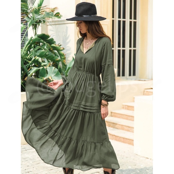 Army Green Bohemian Maxi Dress Chiffon Neck Ties Long Sleeve Ruffle Hem Flowy - Picture 1 of 10